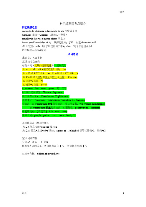 2024年牛津深圳版中考英语九年级重要考点整合