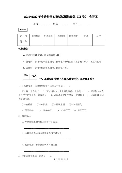 2019-2020年小升初语文测试试题长春版(II卷) 含答案