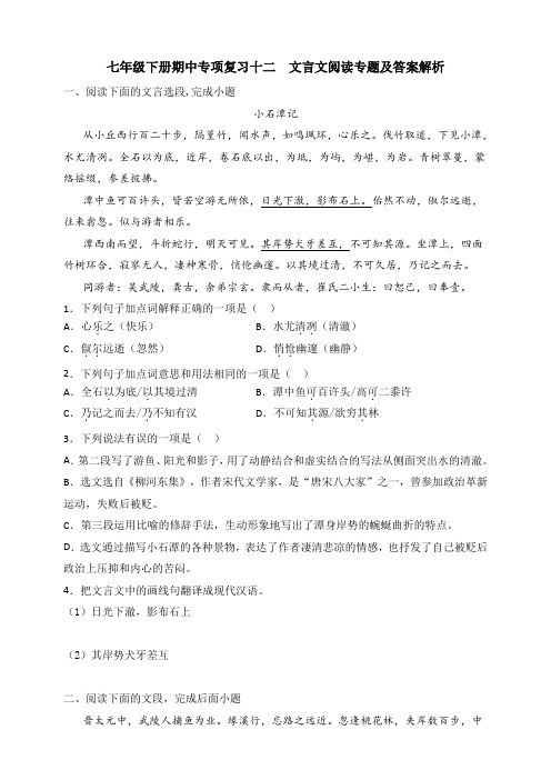 统编人教部编版八年级下册语文期中专项复习十二 文言文阅读专题及答案解析