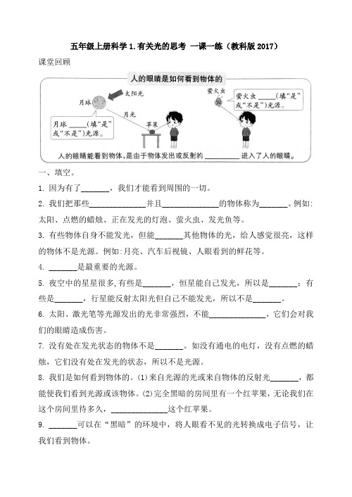 【新版精品 一课一练】五年级上册科学 1.1有关光的思考 教科版(含答案)