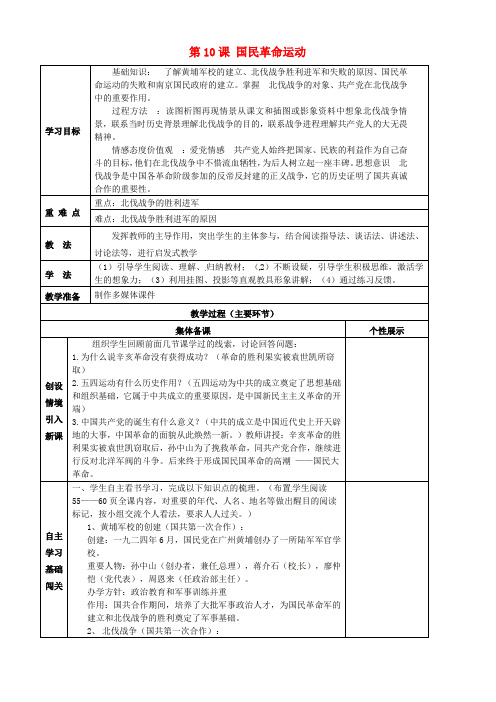 重庆市万州区甘宁初级中学八年级历史上册 第10课 国民革命运动教学案(无答案) 川教版