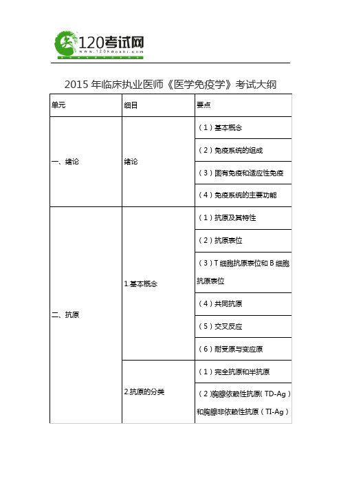 2015年临床执业医师《医学免疫学》考试大纲