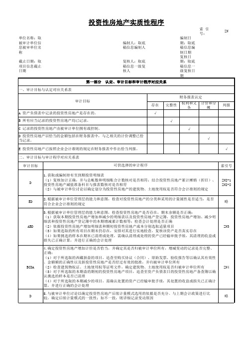 会计事务所全套审计工作底稿模板 Z资产类 ZN投资性房地产