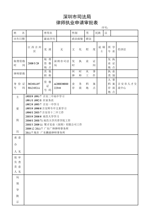 律师执业申请审批表