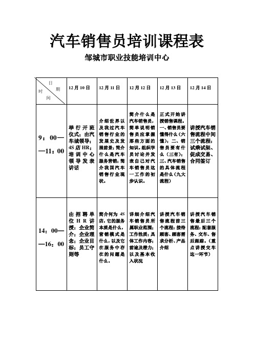 汽车销售员培训课程表