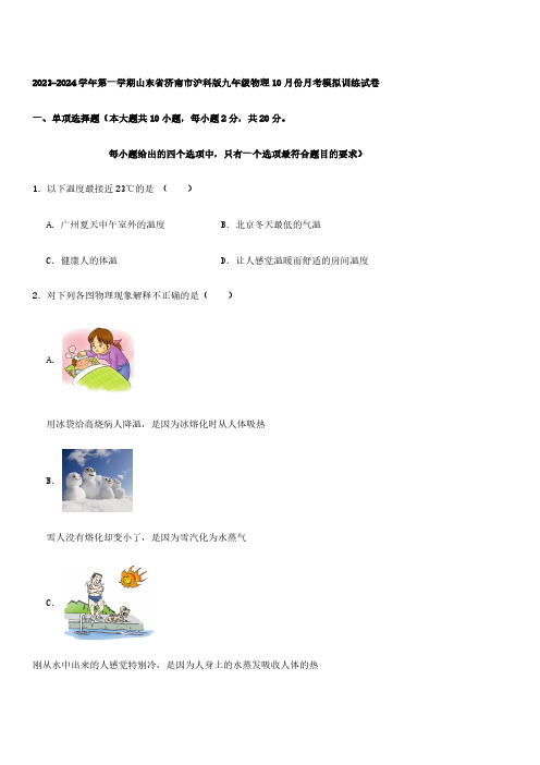 2023-2024学年第一学期山东省济南市沪科版九年级物理10月份月考模拟训练试卷