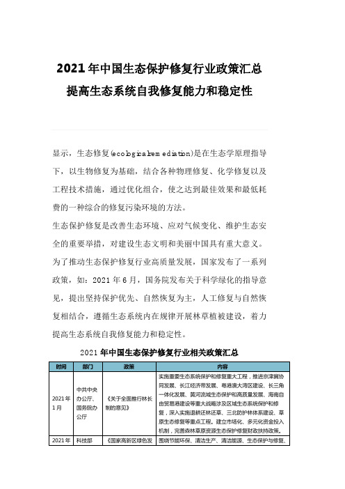 2021年中国生态保护修复行业政策汇总提高生态系统自我修复能力和稳定性