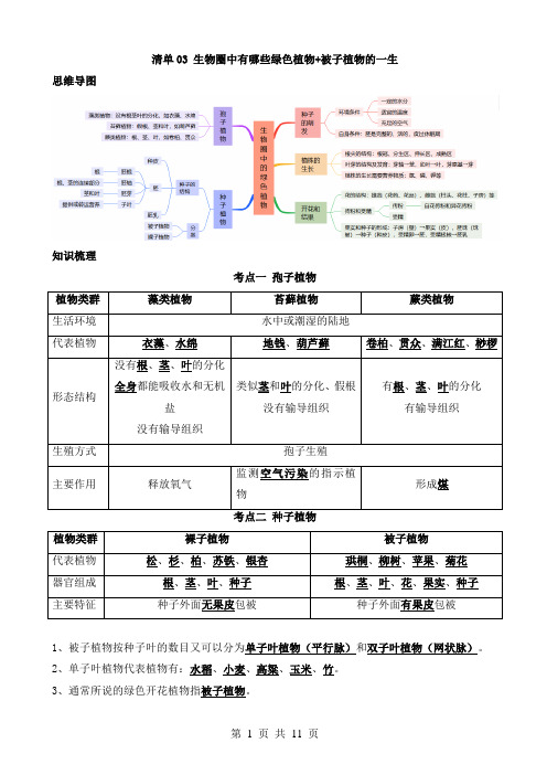 中考生物知识清单3之生物圈中有哪些绿色植物+被子植物的一生