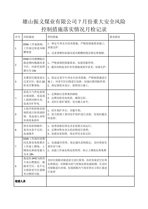 风险控制措施落实情况月度检查表