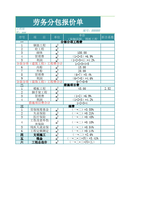 企业单位劳务分包报价单