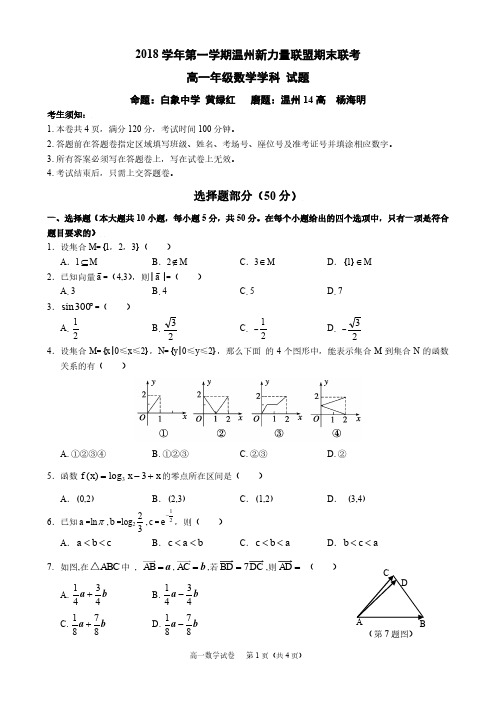 浙江省温州市新力量联盟2018-2019学年高一上学期期末考试数学试题