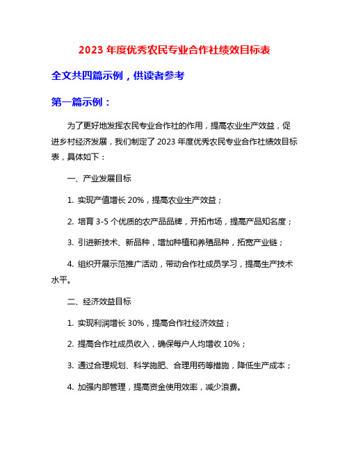 2023年度优秀农民专业合作社绩效目标表