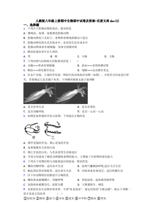 人教版八年级上册期中生物期中试卷及答案-百度文库doc(1)