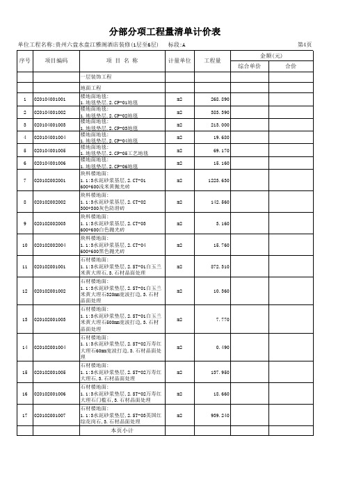 五星酒店装饰定额预算格式表