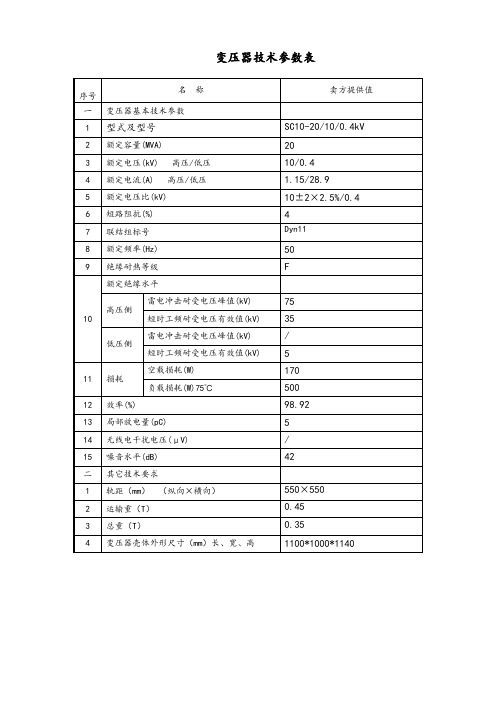 10KV干式变压器全全参数表格(1)