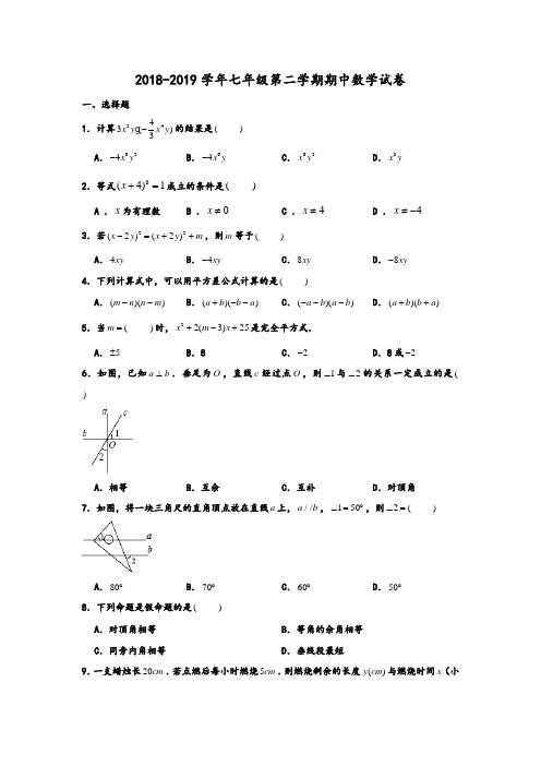 2018-2019学年北师大版广东省深圳市南山区育才二中七年级第二学期(下)期中数学试卷 含解析