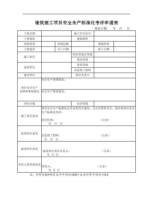 建筑施工项目安全生产标准化考评申请表