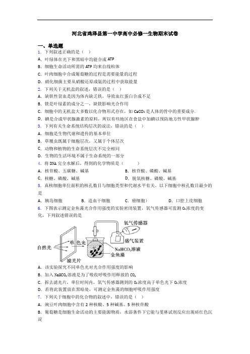 河北省鸡泽县第一中学高中必修一生物期末试卷