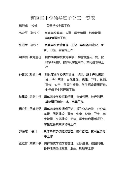 曹叵集中学领导班子分工一览表