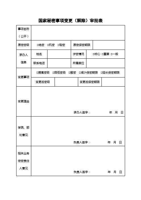 国家秘密事项变更(解除)审批表