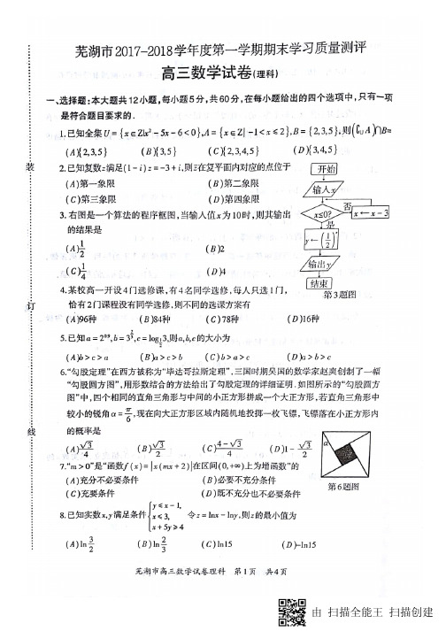 安徽省芜湖市2018届高三上学期期末考试(一模)理科数学试题 扫描版