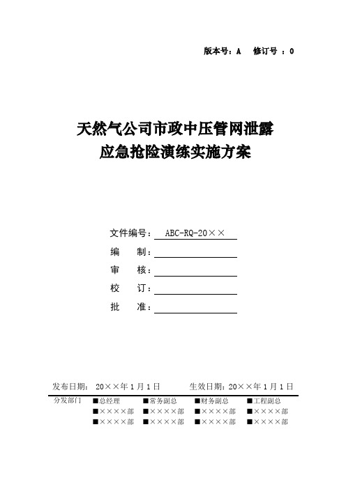 天然气公司市政中压管网泄露应急抢险演练实施方案