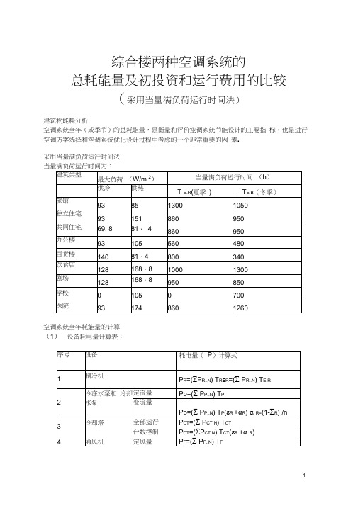 综合楼空调系统总耗能量及初投资和运行费用比较(采用当量满负荷运行时间法)