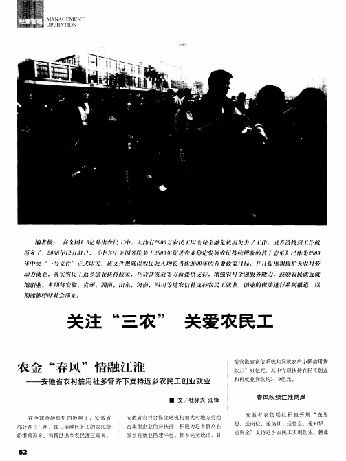 关注“三农”  关爱农民工——农金“春风”情融江淮——安徽省农村信用社多管齐下支持返乡农民工创业就