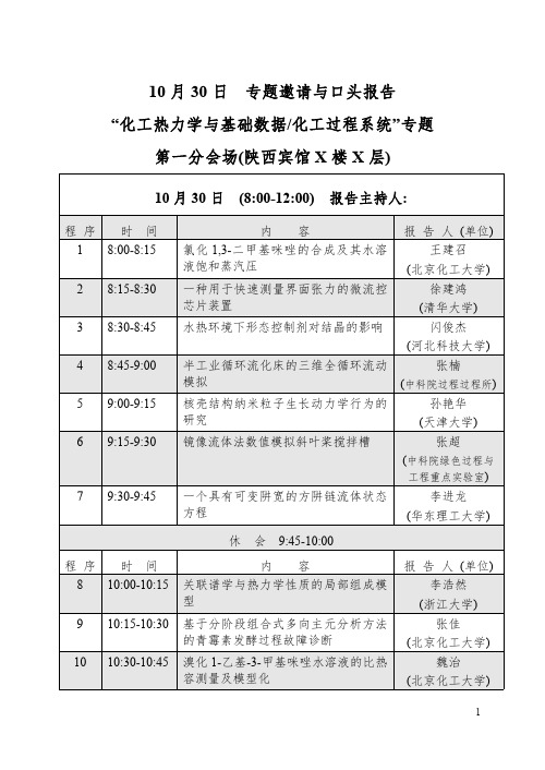 10月30日 专题邀请与口头报告 “化工热力学与基础数据化工过程