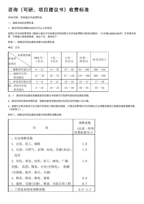 咨询（可研、项目建议书）收费标准