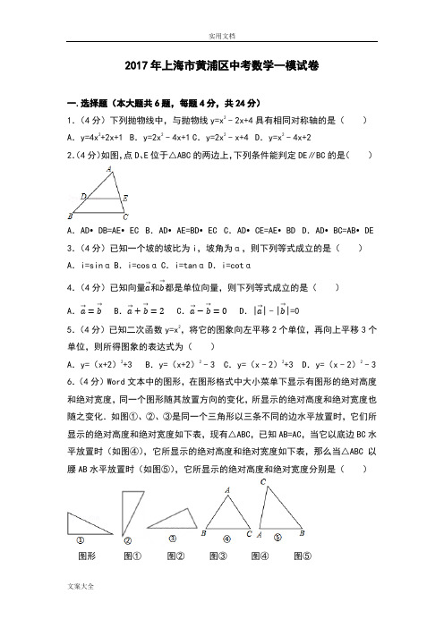 2017年上海市黄浦区中学考试数学一模试卷