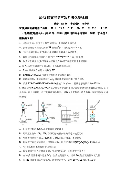 湖南省邵阳市第二中学2022-2023学年高三上学期第五次月考化学试题及答案