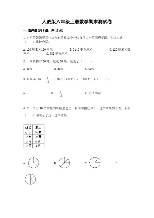 人教版六年级上册数学期末测试卷及参考答案【综合卷】