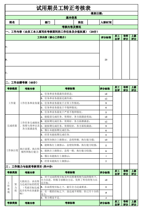 试用期员工转正考核表