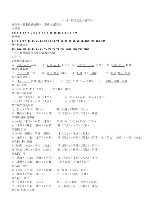 语文S版小学一年级上册生字表(带组词)