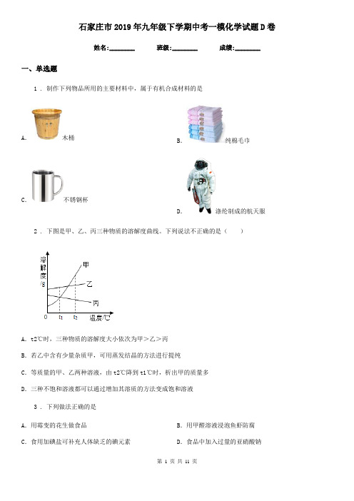 石家庄市2019年九年级下学期中考一模化学试题D卷