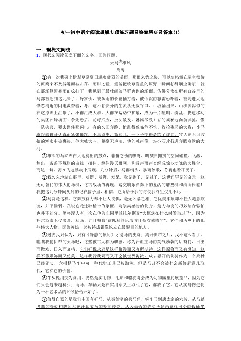 初一初中语文阅读理解专项练习题及答案资料及答案(1)