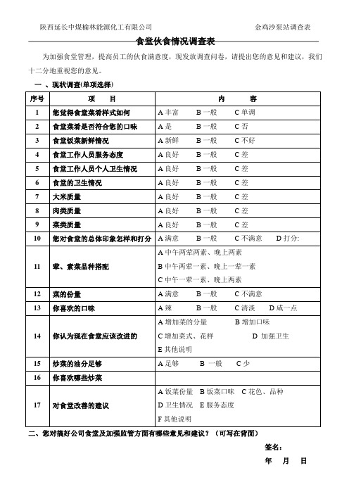 食堂伙食情况调查表