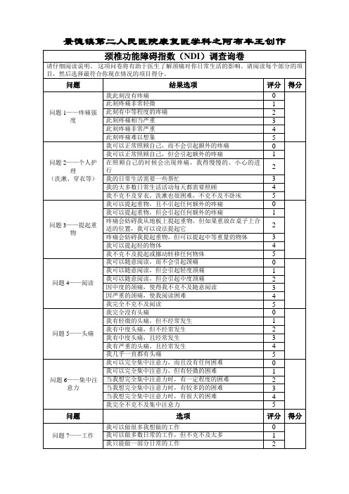 颈椎功能障碍指数(NDI)调查问卷