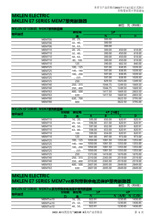 MEM7塑壳断路器价格表2022.03