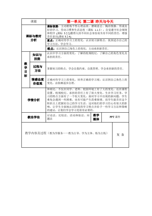 七年级政治上册第二课昨天与今天教案教科版