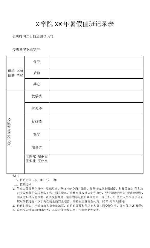 XX学院XX年暑假值班记录表