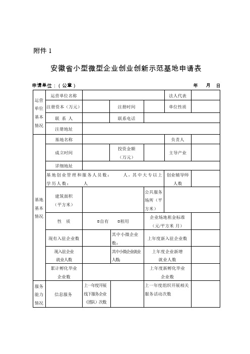 安徽省小型微型企业创业创新示范基地申请表、入驻、毕业企业情况表