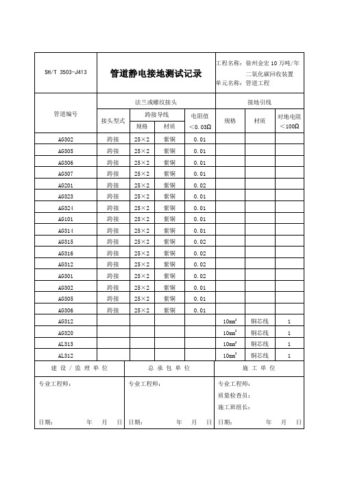 SHT3503-2007石油化工建设工程项目交工技术文件规定中文表格-3503-J413管道静电接地测试记录