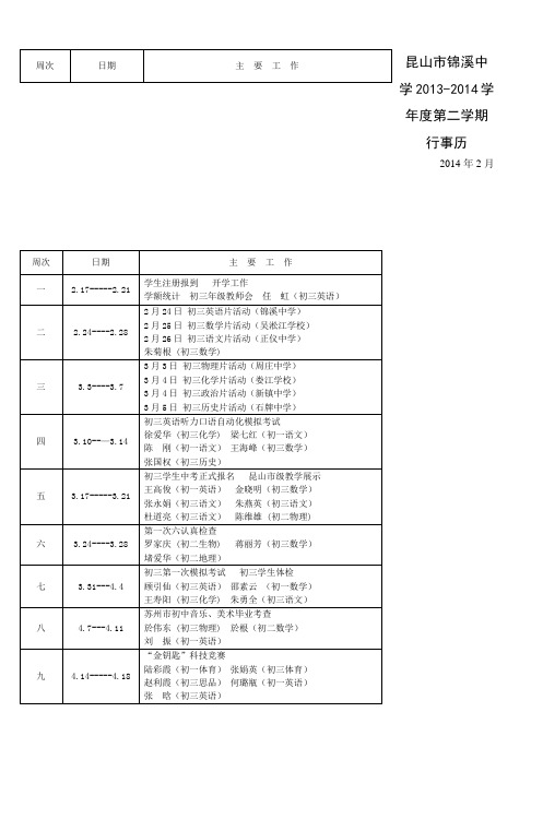 昆山市锦溪中学20132014学年第二学期行事历