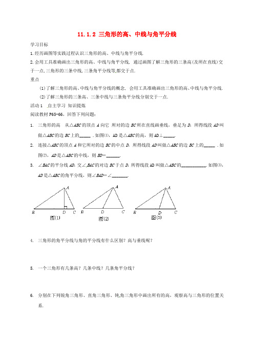 山东省曲阜市石门山镇中学八年级数学上册 11.1.2 三角形的高、中线与角平分线导学案 (新版)新人