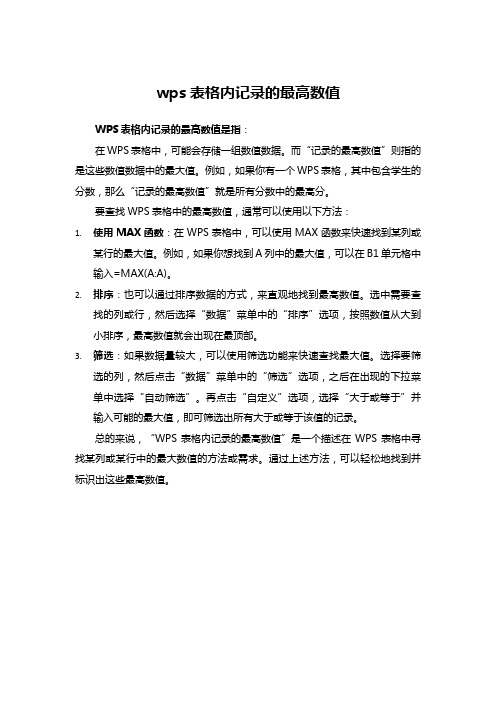 wps表格内记录的最高数值