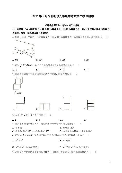 2023年5月河北衡水九年级中考数学二模试题卷附答案解析