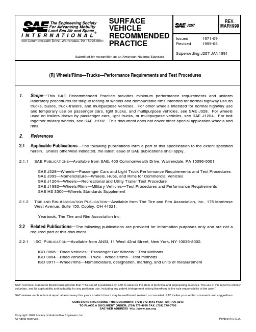 SAE J267-1999 Wheels Rims-Trucks-Performance Requirements and Test Procedures