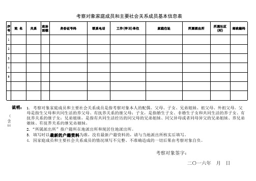 考察对象家庭成员和主要社会关系成员基本信息表